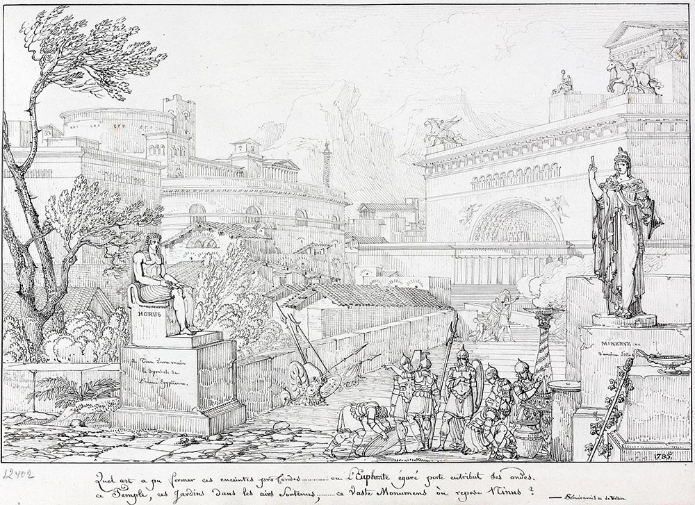 Жан Франсуа Тома де Томон. "Городской вид со статуей сидящего Гора". 1785-1787.